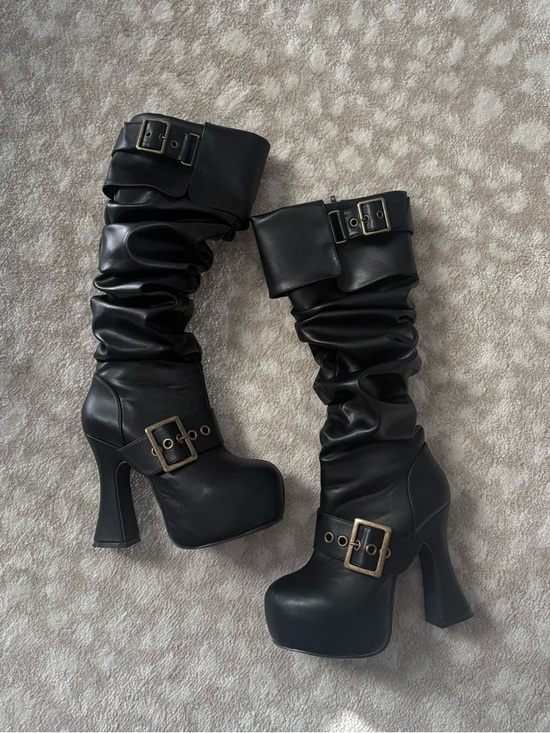 Dolls Kill Shoes - REN FAIRE SLOUCHY BOOTS - Black Slouchy Platform Buckle Knee Boot -Dollskill